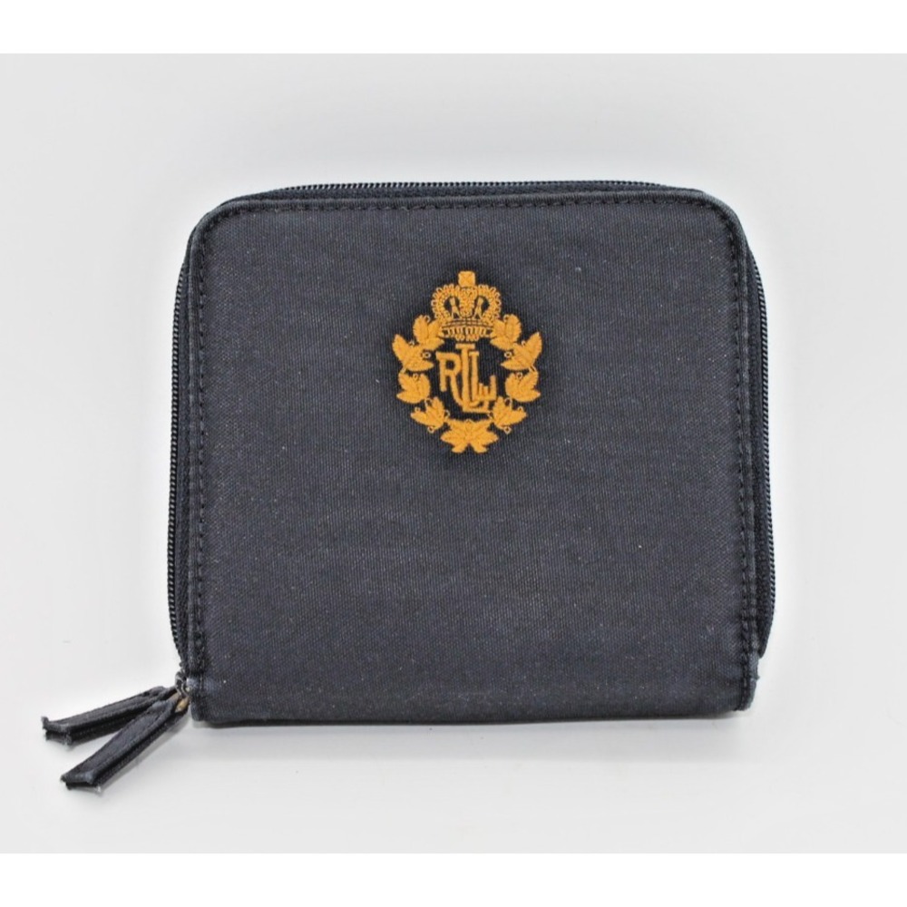 Lauren Ralph Lauren Wallet Blue Nylon Embroidered Gold Crest Double Zip READ